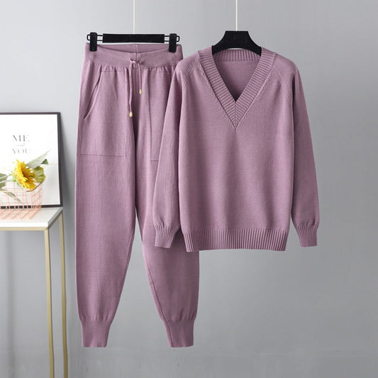 Conjunto de dos piezas de suéter y pantalones harén para otoño e invierno.