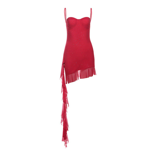 Vestido de primavera para mujer, sexy, de malla, irregular, asimétrico, ajustado, sin espalda