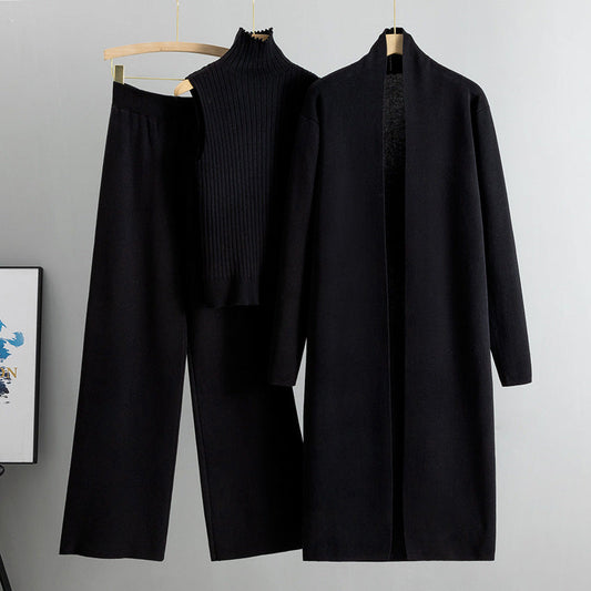 Conjunto de tres piezas de primavera para mujer, traje de punto holgado, cárdigan con chal largo y cuello alto, chaleco y pantalones de pierna ancha