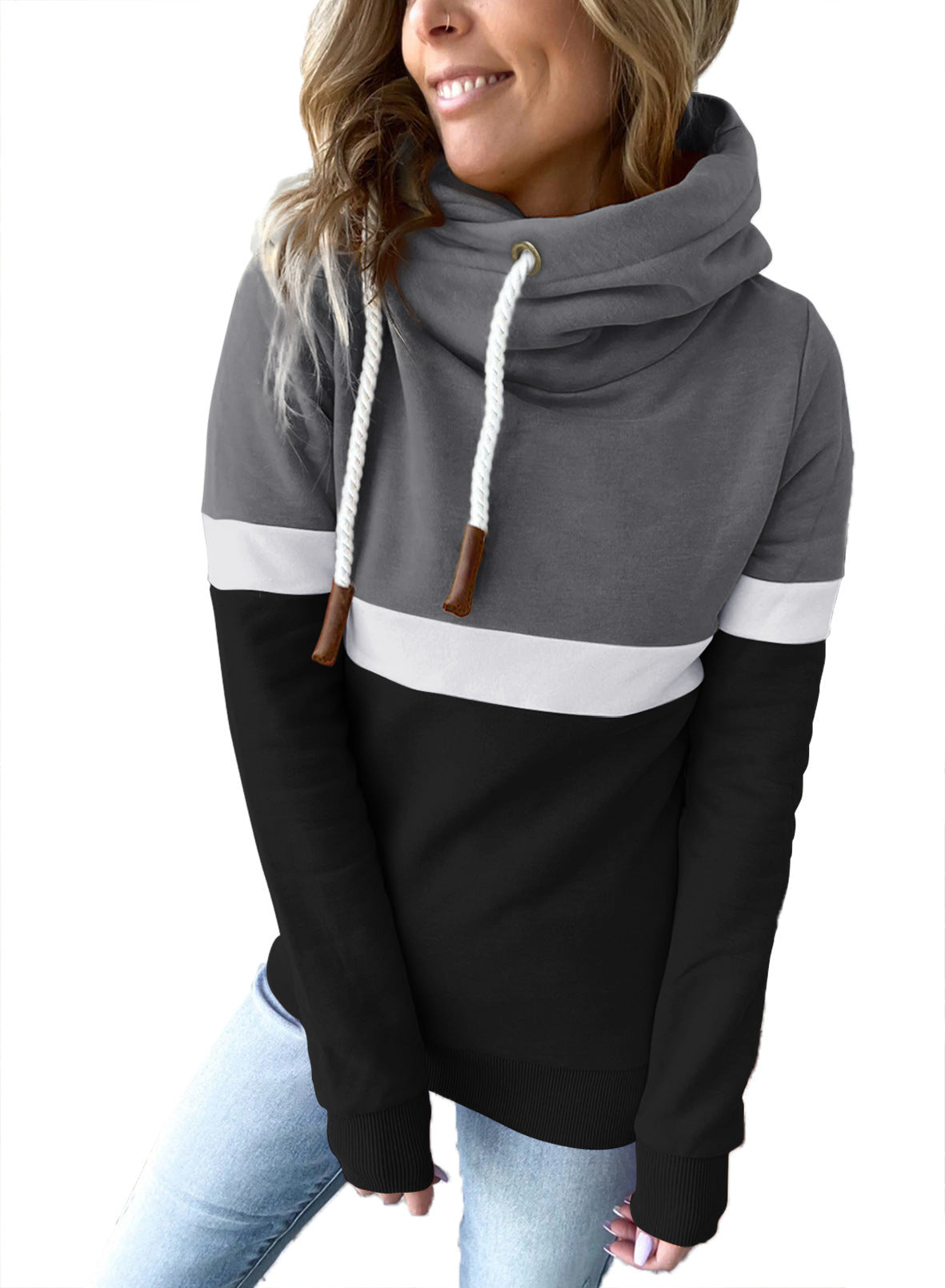 Sudadera con capucha para mujer, informal, con costuras de color liso, para otoño e invierno