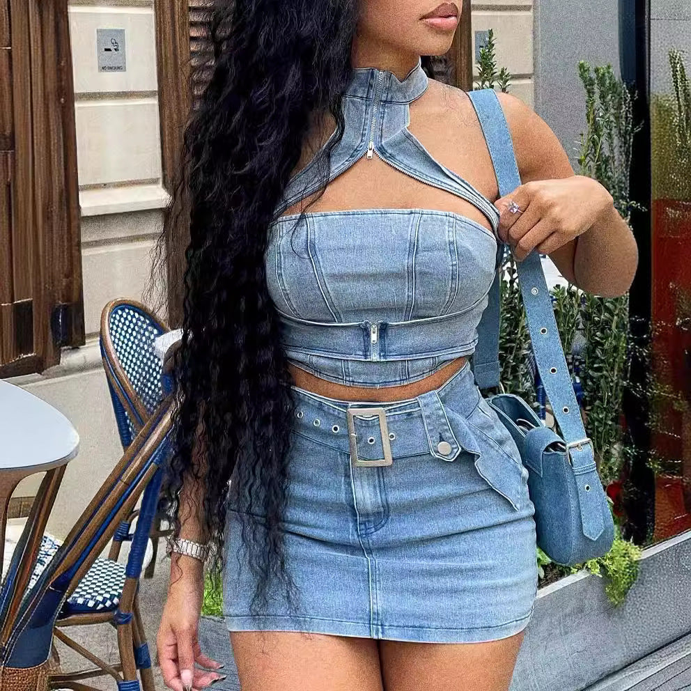 Conjunto de falda informal sexy con cuello halter y cremallera de mezclilla elástica lavada