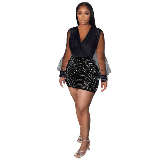 Sexy Drilling V neck Stitching See through Sleeve Hip Stretch Dress