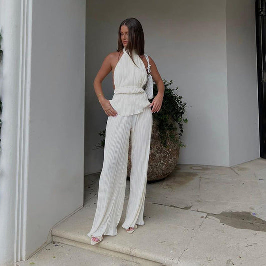 Chaleco sin mangas con espalda descubierta y cuello halter, sexy, blanco, plisado, cintura alta, pantalones anchos, traje para mujer con textura