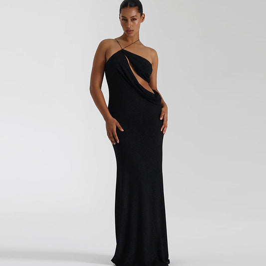Vestido largo ajustado sin espalda con cuello diagonal y cordones para mujer de invierno