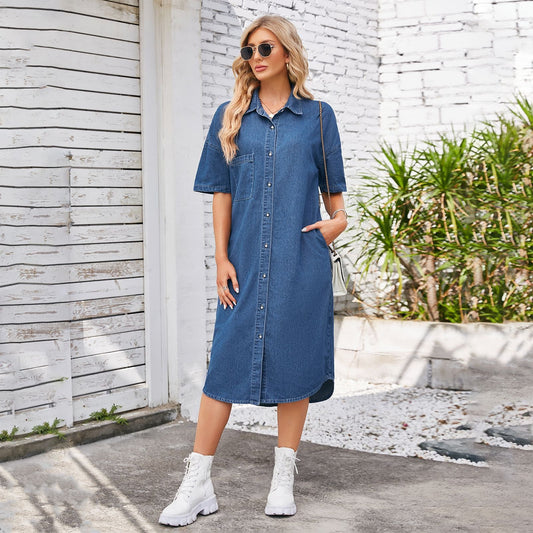 Vestido vaquero holgado de manga corta con lavado de primavera para mujer