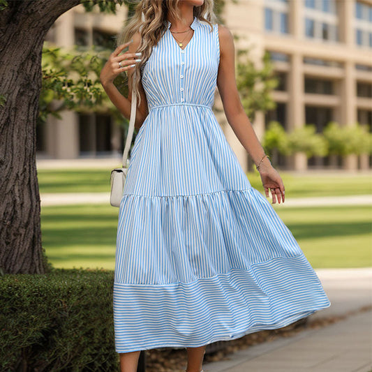 Summer Long Dress Women Clothing Vertical Stripes Sleeveless Dress