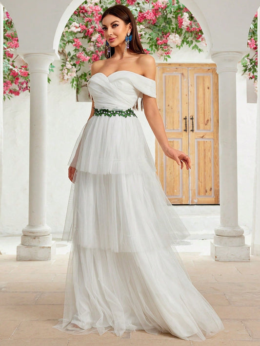 Off Shoulder Design Evening Dress Mesh High Grade Slim Fit Dress Ball Annual Meeting Host Formal Dress
