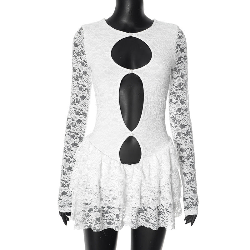 Vestido tubo de verano con volantes y mangas largas de encaje calado y recortado para mujer