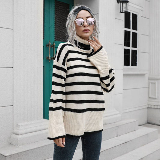 Suéter holgado de cuello alto con abertura inferior a rayas para mujer, popular para otoño e invierno.