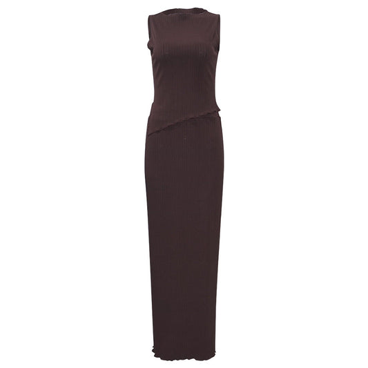 Summer Solid Color round Neck Unrepaired Irregular Asymmetric Top High Waist Dress Slim Fit Two Piece Sets