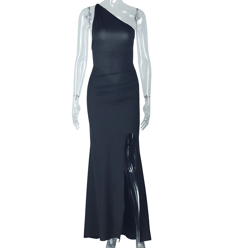 Vestido elegante y sexy con espalda descubierta y cordones hasta la cadera, cuello diagonal, plisado, top de tubo, color liso
