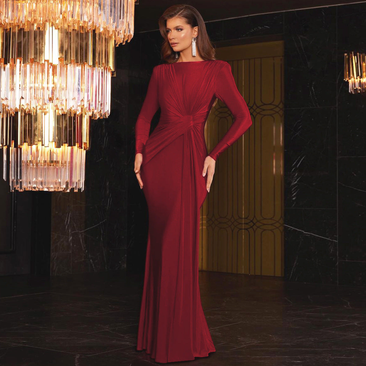 Vestido de noche para mujer, otoño, corte entallado, cuello redondo, manga larga