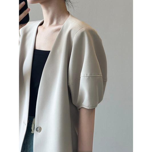 Blazer de manga corta con mangas abullonadas para mujer, primavera verano, fino, informal, de media manga