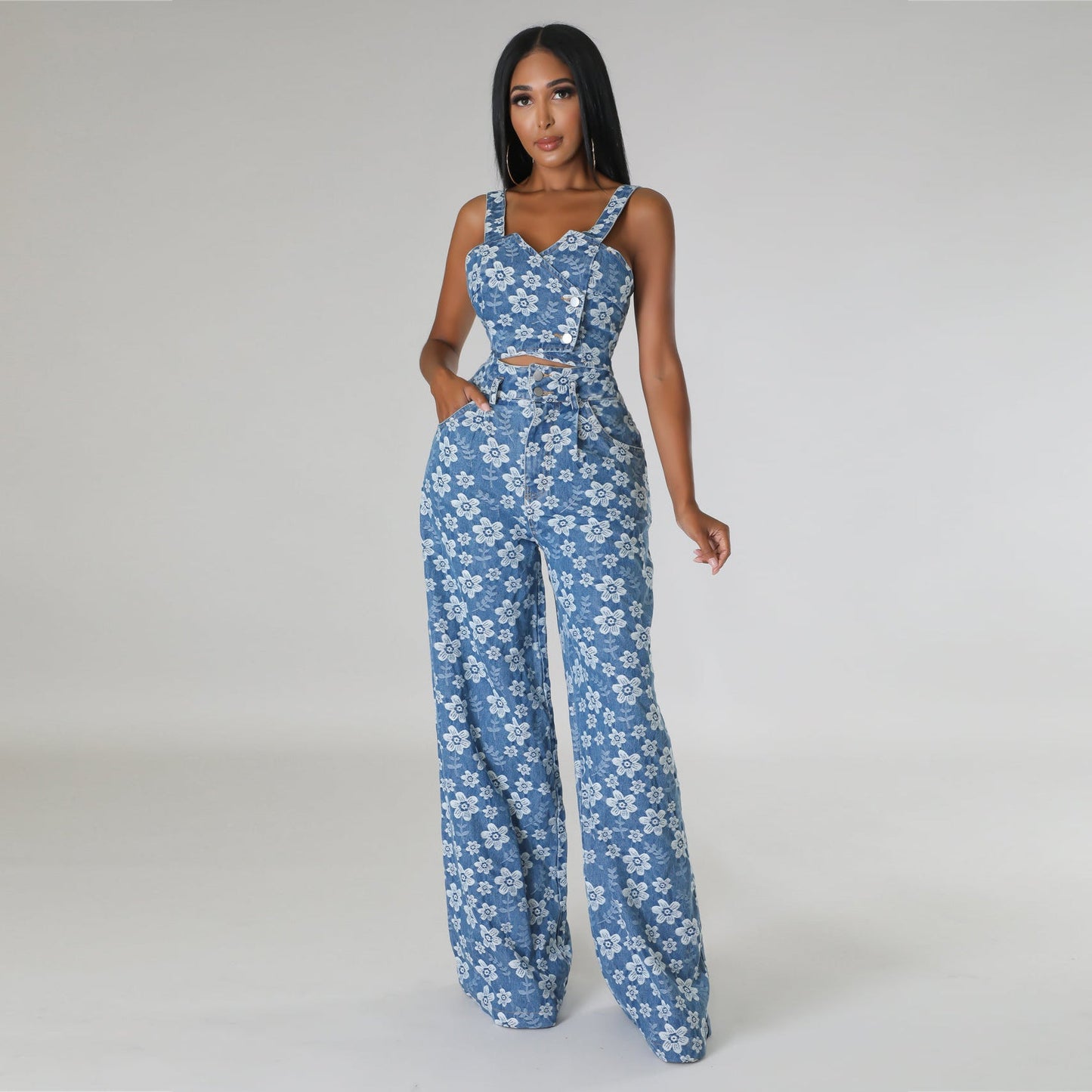Ropa de otoño e invierno para mujer, traje de mezclilla jacquard, top cruzado para discoteca, pantalones de pierna ancha, traje