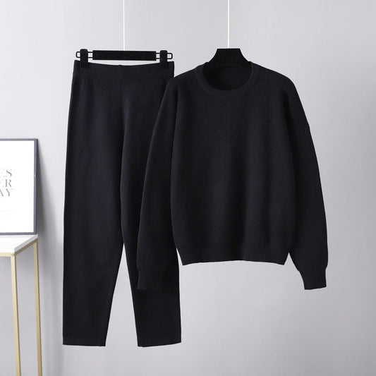 Conjunto de dos piezas de suéter holgado e informal para otoño e invierno, traje de punto de color liso para mujer