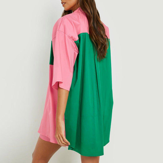 Spring Summer Casual Set Women Color Matching Super plus Size Half Length Sleeve Shirt Top Elastic Waist Shorts Two Piece Set