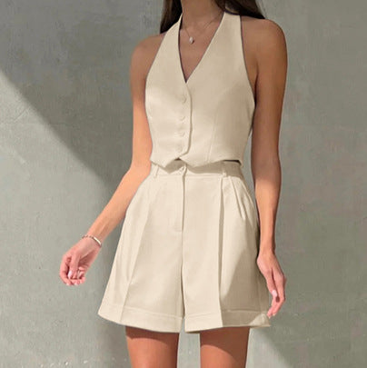 Conjunto de dos piezas de pantalón halter con cuello en V sin mangas para oficina de primavera y verano