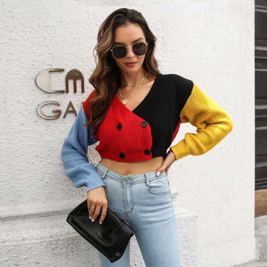 Suéter de punto con doble botonadura y costuras en contraste de color, cárdigan, abrigo corto para mujer, manga larga, otoño e invierno.