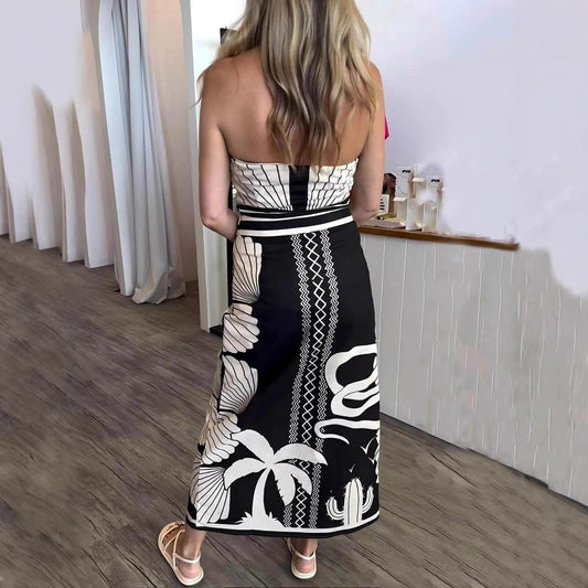 Summer Sexy Shell Positioning Printing Tube Top Backless Split Dress