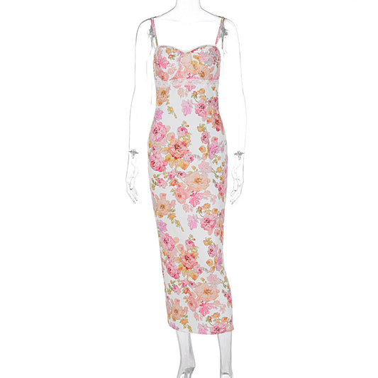 Women Clothing Summer Printing Slim Fit Backless Sling Dress