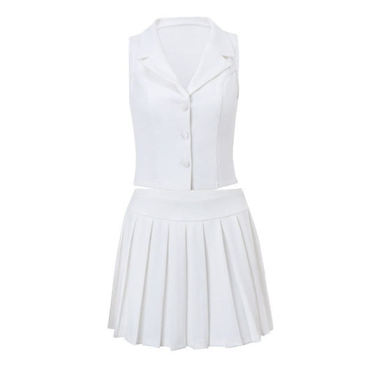 Conjunto de ropa de mujer, primavera, sexy, con escote en V, chaleco, falda plisada ajustada y sexy