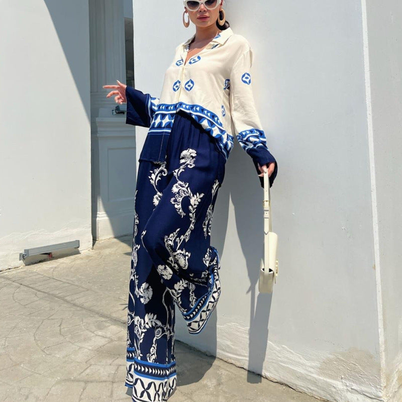Conjunto de dos piezas de top holgado de manga larga con estampado de posicionamiento para mujer, pantalones de pierna ancha