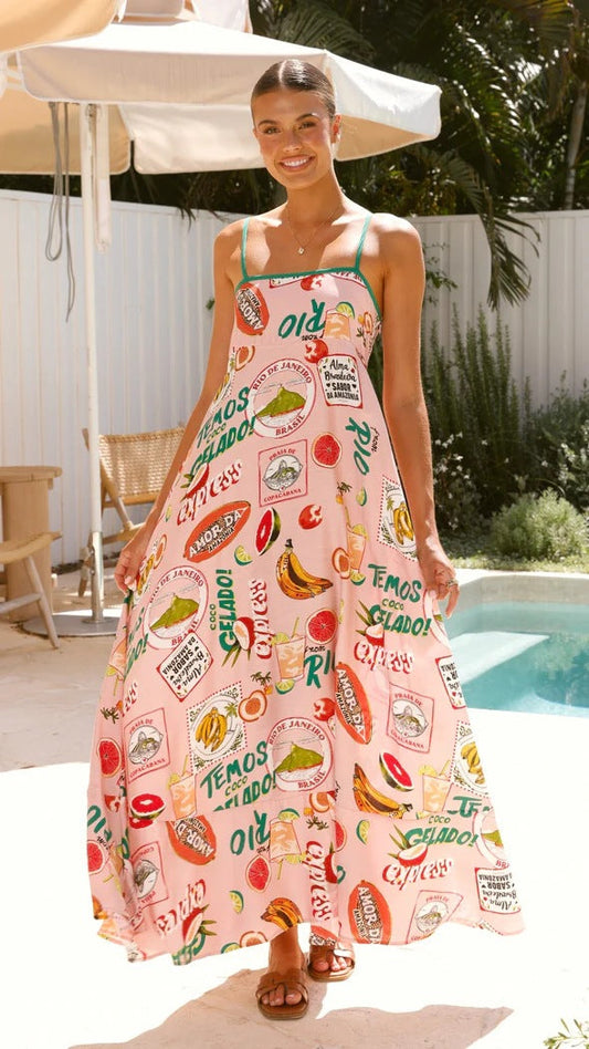 Summer Printed High Waist Seaside Holiday Casual Swing Dress Long Dress