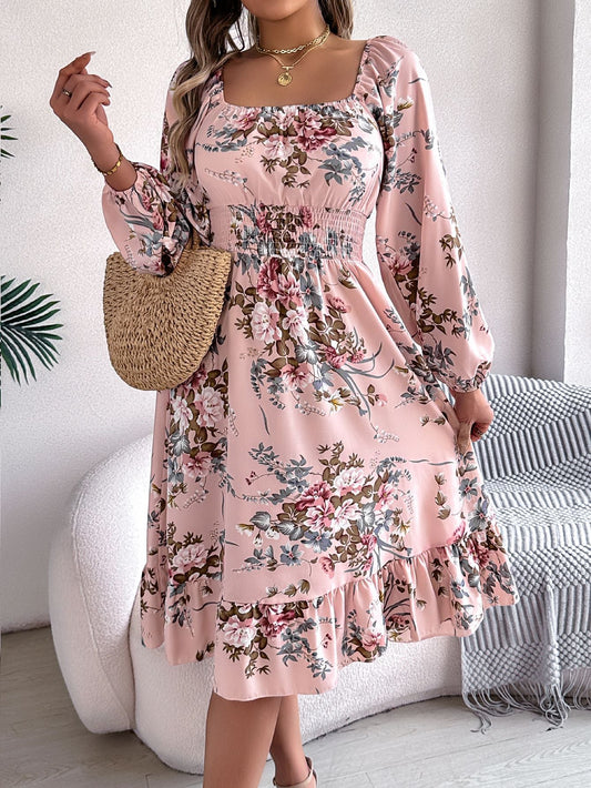 Primavera Verano Elegante Floral Cuello Cuadrado Manga Larga Cintura Recortada Volantes Línea A Ropa de Mujer