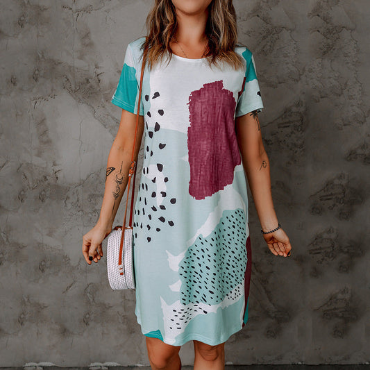Summer Floral Print round Neck Short Sleeve Casual Dress Women