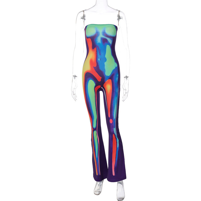 Ropa de mujer, top de tubo de verano con cuello descubierto, estampado multicolor, pantalones de una pieza ajustados con realce de cadera