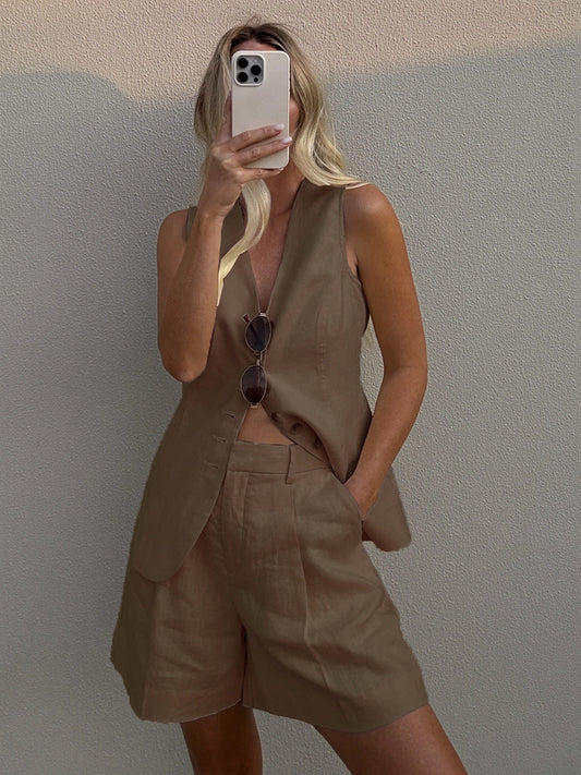 Conjunto de chaleco y pantalones cortos de lino y algodón para mujer, conjunto informal de verano para oficina