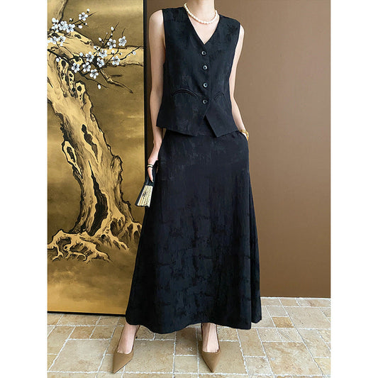 Conjunto de dos piezas de chaleco y falda de jacquard chino elegante de principios de primavera