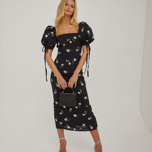 French Women Clothing Summer Holiday Dress Floral Puff Sleeve off Neck Slim Fit Long Dress