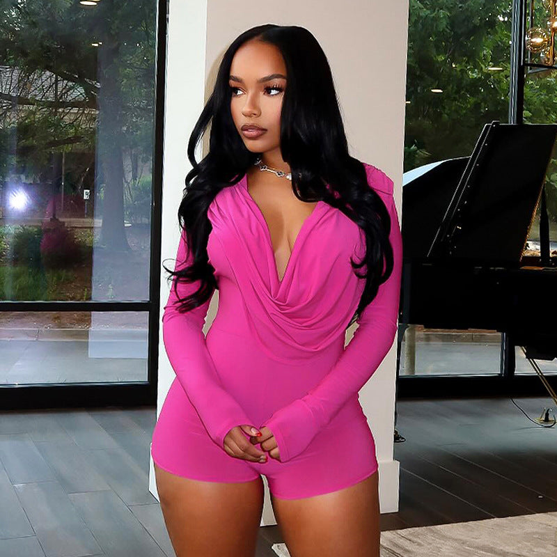 Women Clothing Sexy Swing Collar Sexy Tight Long Sleeve Romper