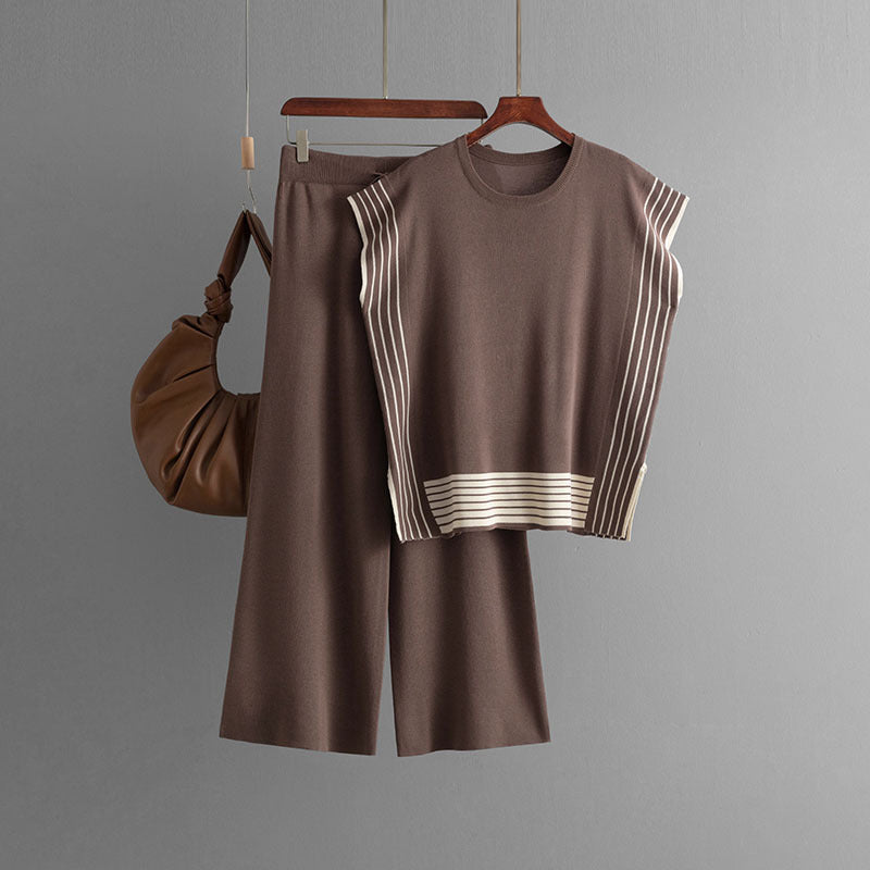Traje de mujer de rayas de retazos con cuello redondo, vestido suelto de dos piezas de suéter de punto, pantalones rectos de cintura alta y pierna ancha