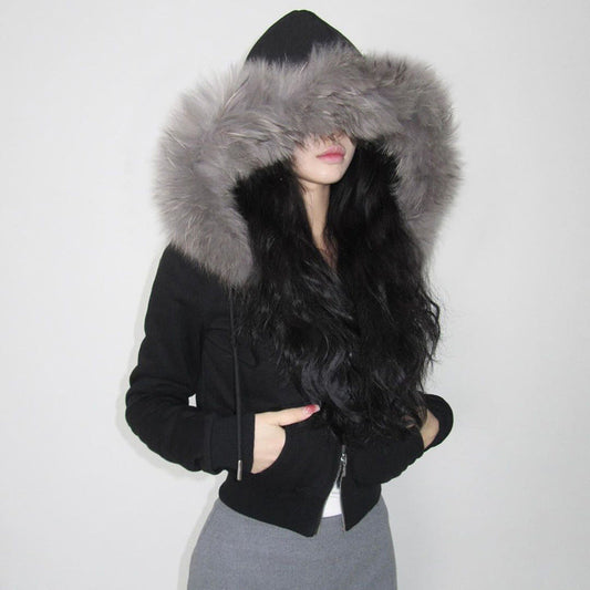 Abrigo de invierno con capucha y empalme peludo estilo retro urbano, ajustado, cálido, con cremallera de doble cara