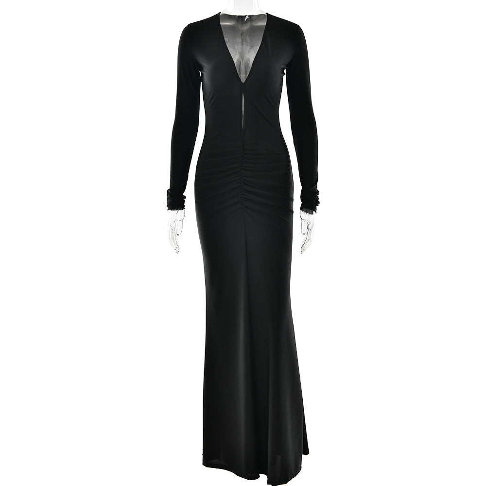 Vestido sexy plisado con aberturas y escote en V profundo de manga larga ajustado hasta la cadera