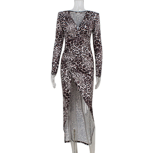 Sexy Leopard Print Printed V neck Sexy Pleated Nipped Waist Slim Tall Looking Split Dress
