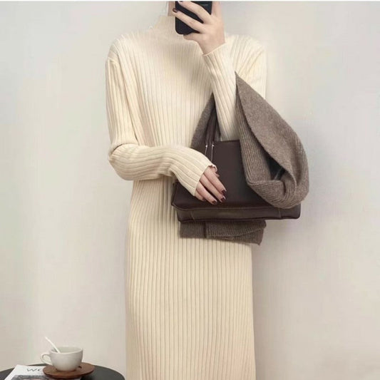 Suéter de cuello alto para otoño e invierno para mujer, largo medio por debajo de la rodilla, abrigo básico con borlas, vestido de punto con vuelo