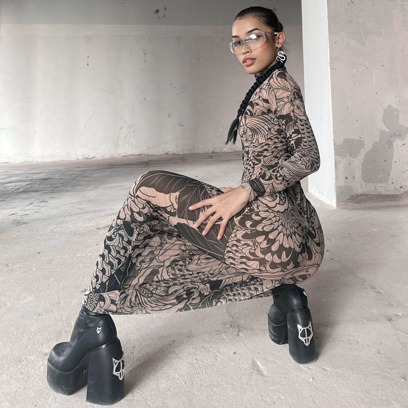 Vestido ajustado de cuello alto transparente con estampado de malla de otoño para mujer
