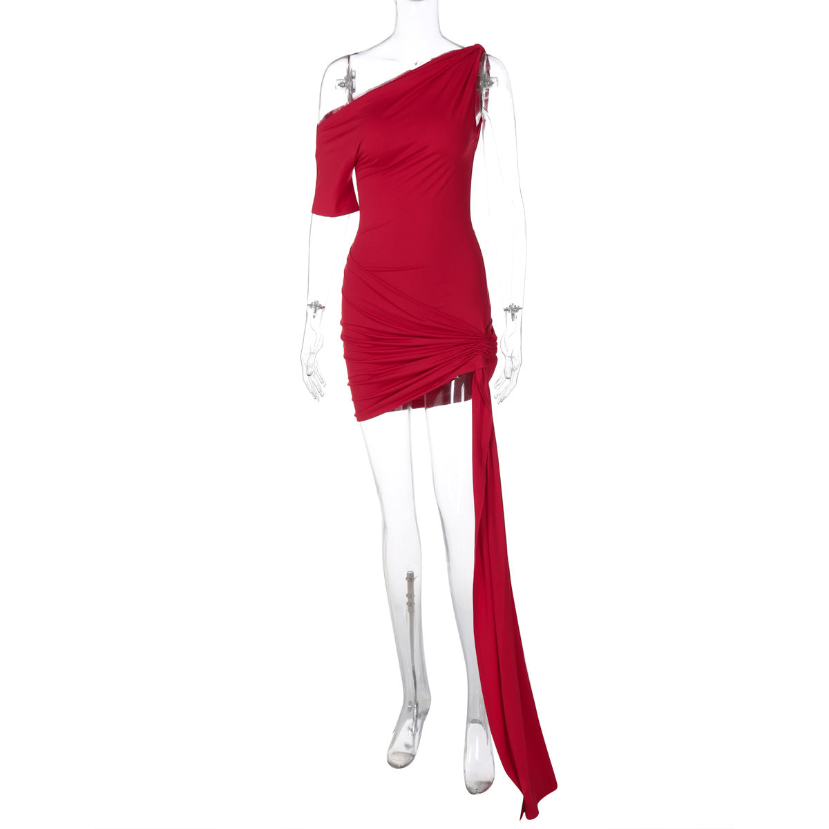 Vestido ajustado de primavera para mujer, color liso, sexy, con hombros oblicuos, manga única, asimétrico, con lazo y caderas estrechas