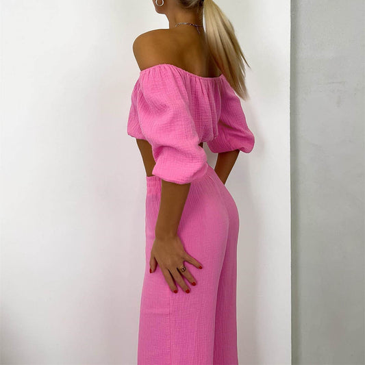 Traje informal de dos piezas para mujer, de verano, de algodón puro, color sólido, con cuello halter, manga corta, cintura alta, pantalones anchos y pierna.