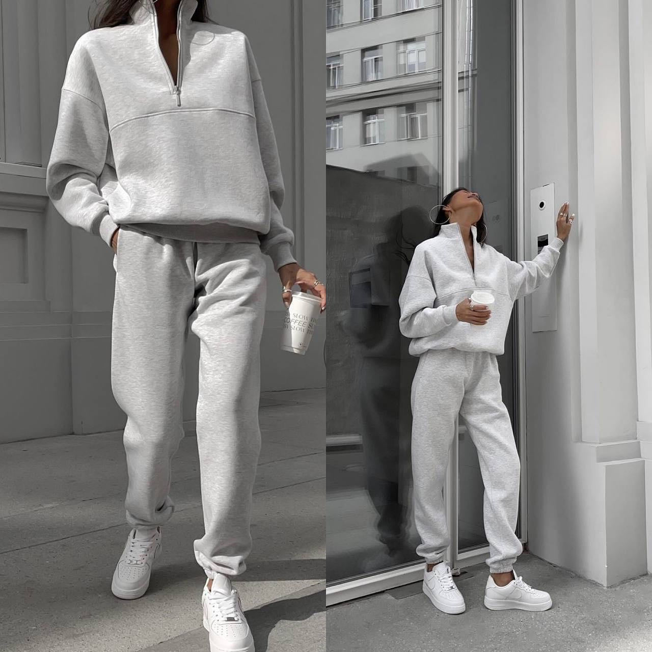 Suéter de manga larga con cremallera y cuello alto para mujer, conjunto de dos piezas para otoño e invierno, cómodo, holgado, deportivo e informal