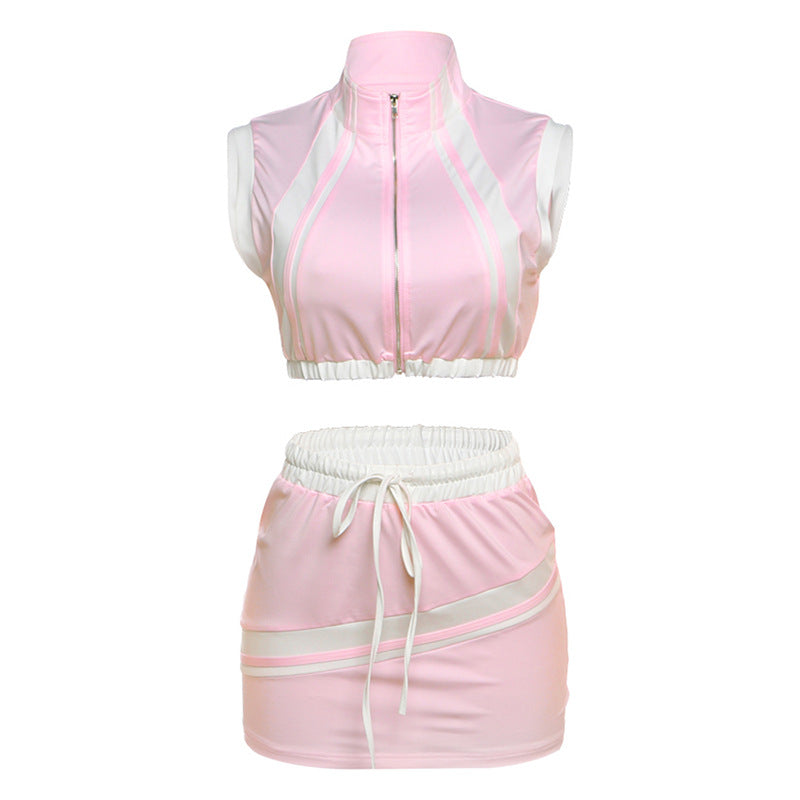 Conjunto de falda corta ajustada con cremallera y top corto sexy para mujer, primavera y verano