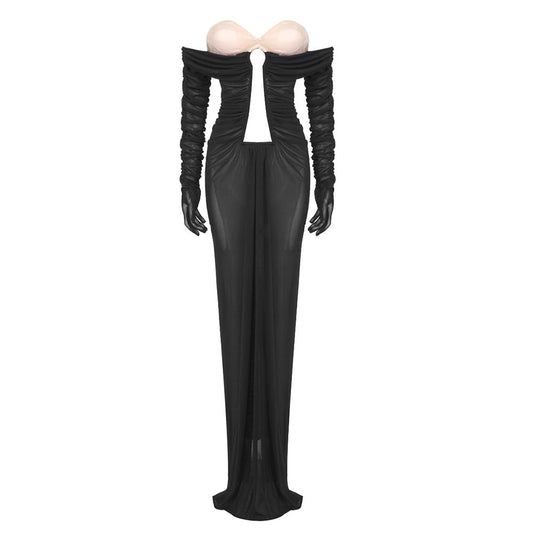Summer Black Apricot Hollow Out Cutout Pleated Mesh Dress Women Tube Top Dress