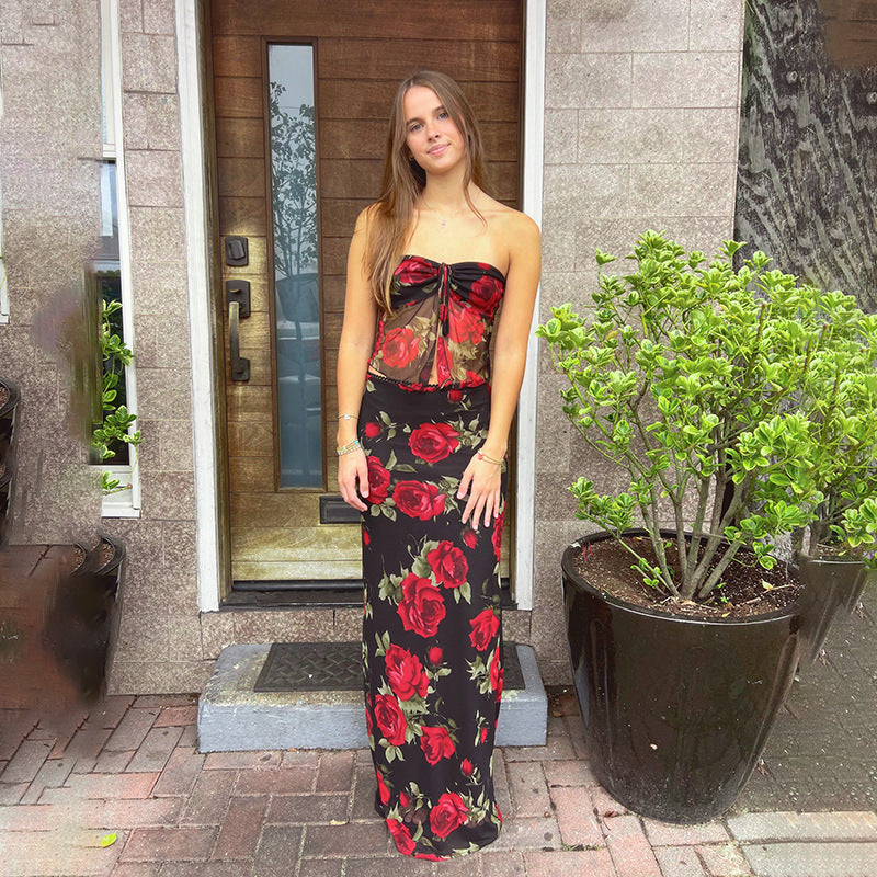 Conjunto de top de tubo con estampado de malla y falda de longitud media para mujer, ropa de verano ajustada para mujer