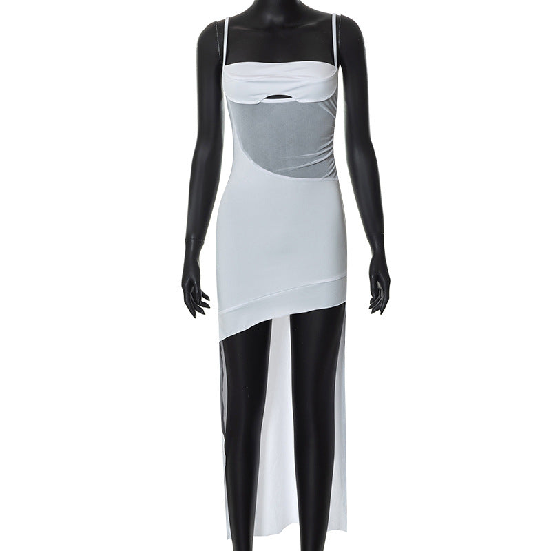 Vestido de otoño para mujer, color liso, sin mangas, con hombros descubiertos y malla con tirantes.