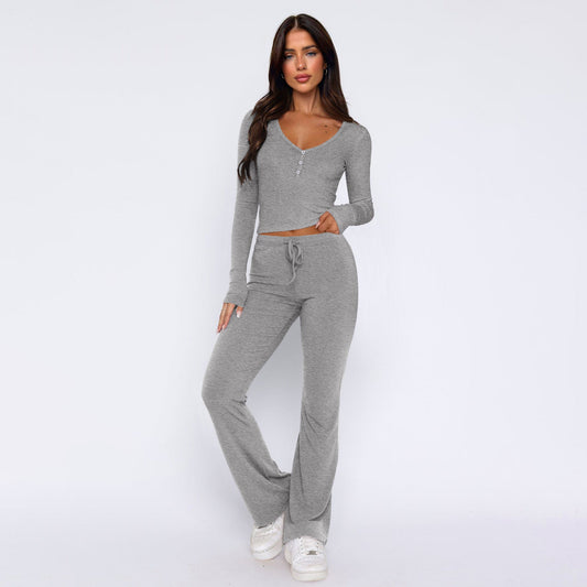 Conjunto de dos piezas de camisa y pantalón casual de manga larga con estampado de dulces y picantes para mujer