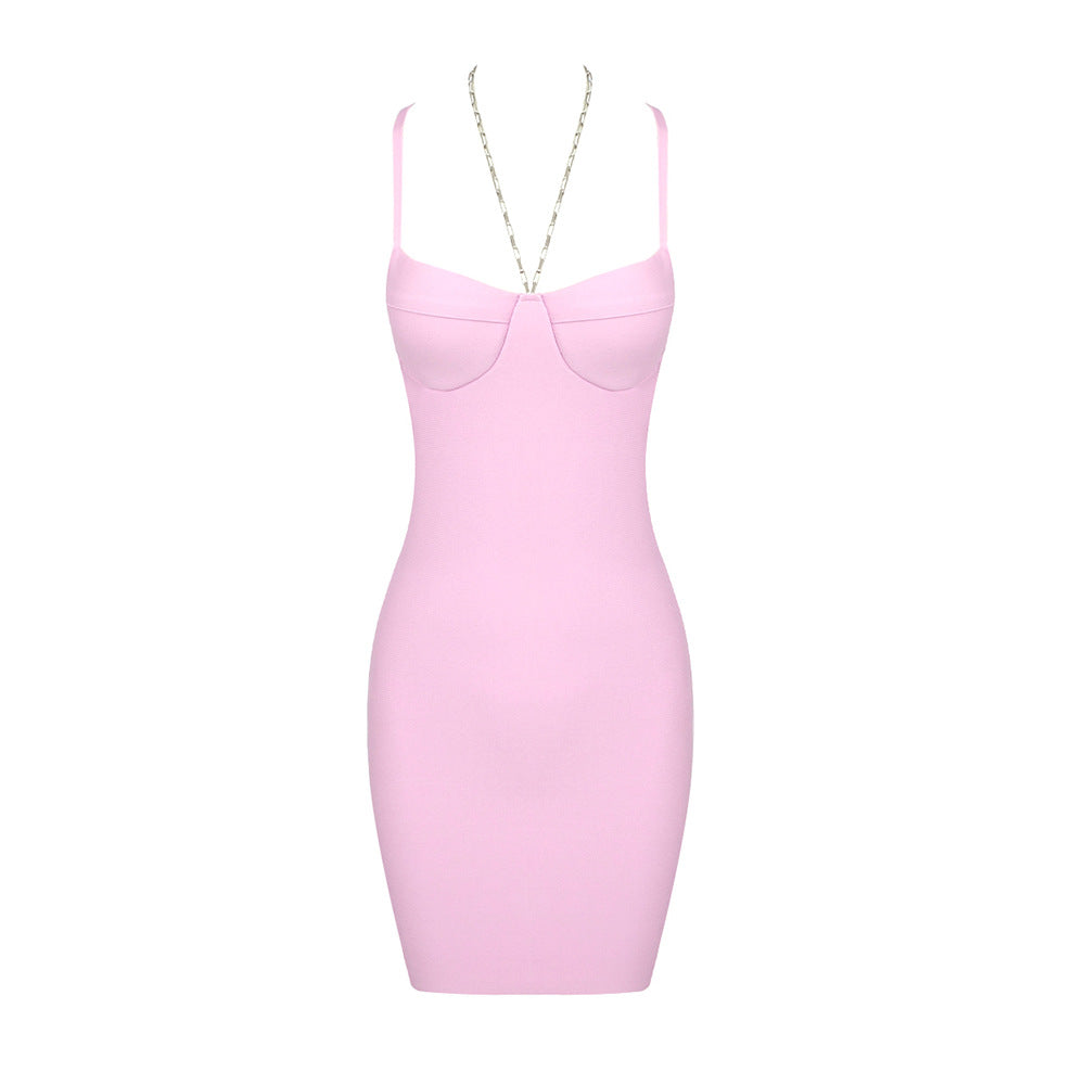 Mini liguero sexy de cadena rosa de verano con aberturas y espalda descubierta para mujer