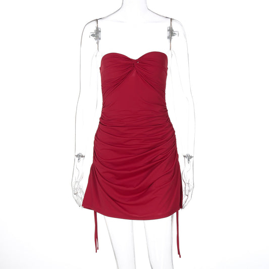 Vestido plisado ultracorto con cordón ajustable, color liso, sexy, con escote en V y mangas abullonadas para mujer